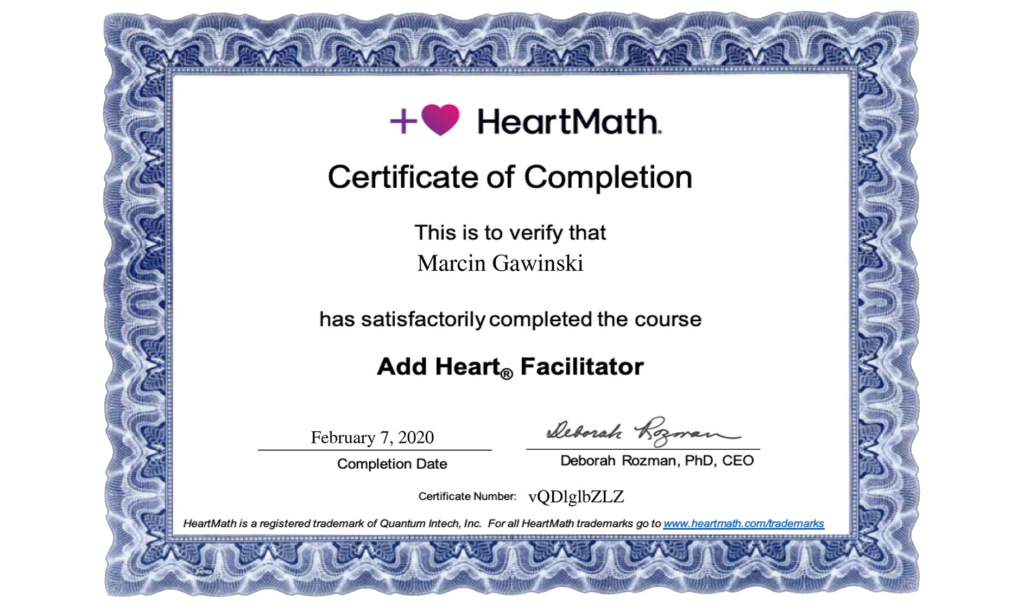 Marcin Gawiński - certyfikat HeartMath Institute - Facilitator